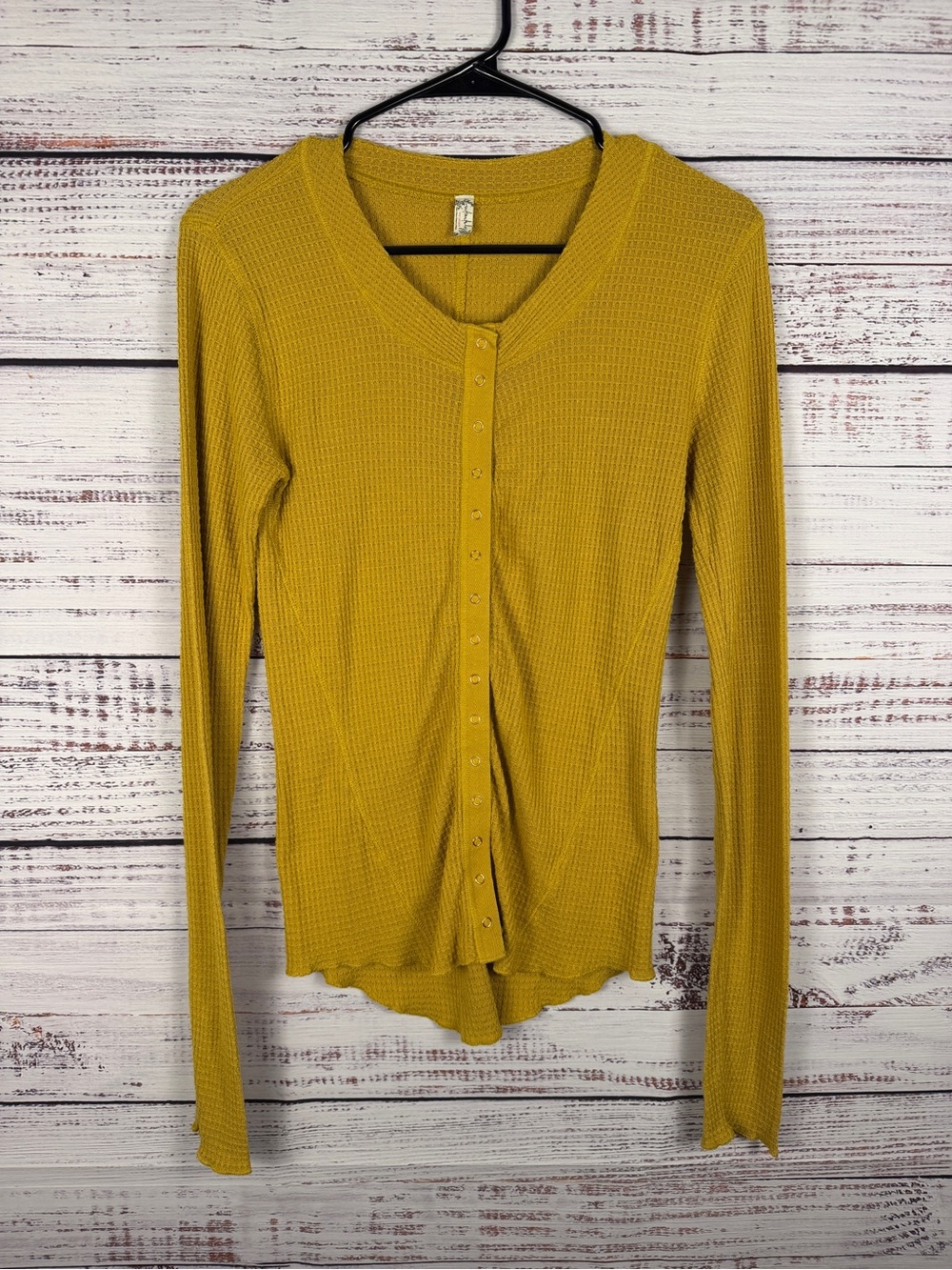 Free People Intimately Waffle Knit Snap Front Cardigan Mustard Yellow L